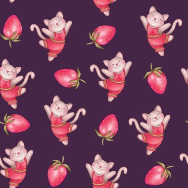 Şirin el, arka planda kediler olan dikişsiz suluboya desenler çizmiş. Tekstil, ambalaj kağıdı ve kumaş tasarımı için mükemmel. pembe çilek ve kedicik