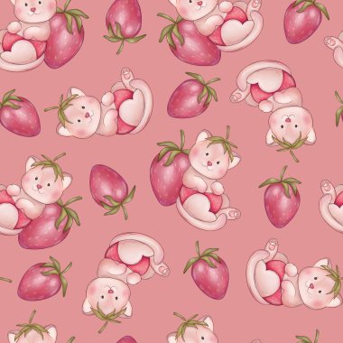 cat with strawberry seamless pattern on pink background. print for textile printing, baby clothes, packaging, scrubbing, card, poster clipart