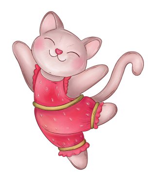 Şirin kedi dansı. Dans eden komik kediciğin el çizimi. Giysilerdeki, afişlerdeki, kartpostallardaki ve çıkartmalardaki baskılar için.