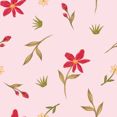 Kırmızı çiçekler, kadınlar ve kızlar için kusursuz desenler, tasarımlar, kumaşlar ve tekstil. Botanik illüstrasyon el çizimi. Moda baskıları, hatıra defteri, ambalaj kağıdı için çiçek yüzeyi tasarımı