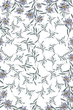 Edelweiss çiçekleri ve yaprakları olan botanik desensiz desen, tekstil baskısı, çarşaf örtüsü, yorgan örtüsü, perdeler, oturma odası için duvar kağıdı. Bahar yüzeyi tasarımı