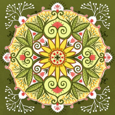 Etnik süs, kumaş, eşarp tasarımı, çiçek motifli eşarplar, laleli kusursuz desenler, mimoza, botanik mandala