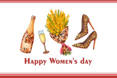 Elegant Women's Day Card with mimosa bouquet, high heels, champagne, glasses. Leopard print and watercolor style, spring vibes. March 8 celebration and festive greetings clipart