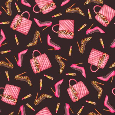 Kusursuz Kadınlar Günü şablonu. Şık ayakkabıları ve çantaları olan oyuncu ve kadınsı bir tasarım. Pembe leopar stili. Davetiyeler, tebrik kartları, tekstil, kumaş, ambalaj. 