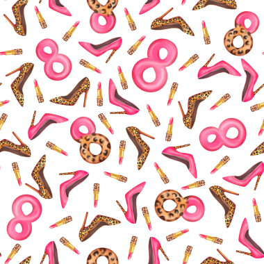 Kalın topuklu ayakkabılar, ruj ve leopar desenli şekiller. Hediye paketleme, sosyal medya, giyim ve bayram markası için ideal