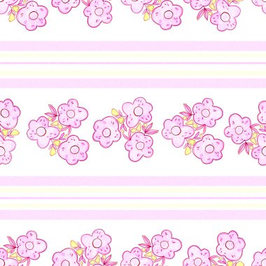 Çiçek motifleri ve yatay çizgilerin, kumaş tasarımı, duvar kağıtları, mutfak tekstili ve çeşitli dijital arka planlar için uygun kombinasyonunu içeren kusursuz desenli çizimler. Pembe çiçekler