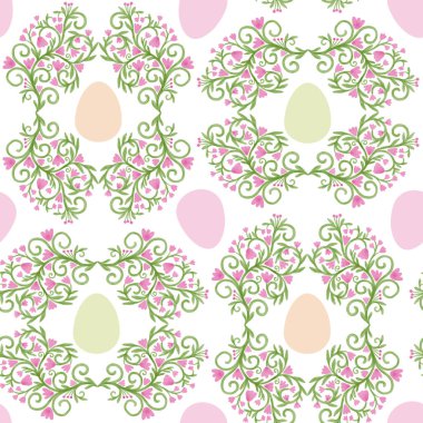 Paskalya arkaplanı, yumurta ve flora ile kusursuz desen. Kumaş, ambalaj kağıdı ve dekor için hoş bir bahar tatili tasarımı. Lale motifleri