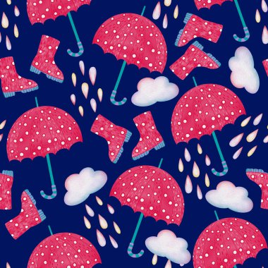 Şemsiyeli suluboya yağmurlu bir gün, bulutlar, yağmur damlaları, bahçe ayakkabıları, çocuk giysileri basmak için kusursuz bir zemin, ambalaj kağıdı, kumaş, duvar kağıdı, mevsimlik hediye paketi