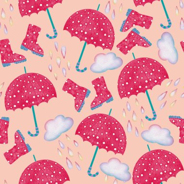 Şemsiyeler, yağmur damlaları, bulutlar, lastik botlar, tekstil için suluboya dokusu, ambalaj kağıdı, bebek kıyafetleri, çocuk modası, mevsimsel tasarım