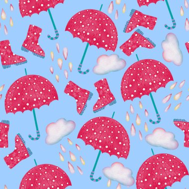 Şemsiyeli, yağmur damlalı, bulutlu, lastik botlu pembe ve mavi dikişsiz suluboya deseni. Çocuk arka planında kumaş, duvar kağıdı, hediye paketi ve çocuk kıyafetleri var.