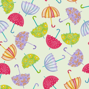 Şemsiyeli kusursuz bir arka plan. Tekstil, kumaş, baskı, duvar kağıdı, ambalaj kağıdı için yüzey deseni. Yağmur mevsimi