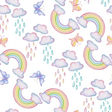 Kusursuz bulut deseni, yağmur damlalı gökkuşağı, kelebek, elle çizilmiş suluboya çizimi.