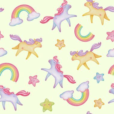 Yumuşak suluboya bulutları, pembe ve sarı yıldızları, bebek odası, ambalaj, davetiye ve şirin çocuk dekoru için peri masalı midillileri olan tuhaf, pürüzsüz desenler.