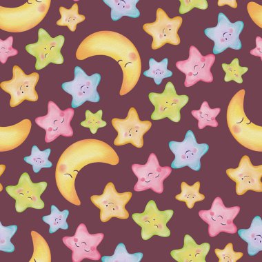 Bebek dekoru için suluboya yıldızlar ve ay desenli kusursuz desen, doğum günü davetiyeleri, çocuk duvar kağıtları, bebek duşu ve ambalaj kağıtları, kartlar.