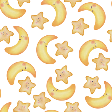 Altın ay ve yıldızlı gökyüzü, dikişsiz sulu boya desen, ev dekorasyonu, duvar kağıdı, kumaş baskıları için mistik astronomi temalı arka plan.