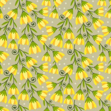 Sarı kır çiçekleriyle kusursuz çiçek deseni, el çizimi botanik tasarımı, minimalist bahar ve yaz arkaplanı, yeşil saplı narin çiçekler ve parmak izleri ve kartlar için yapraklar.