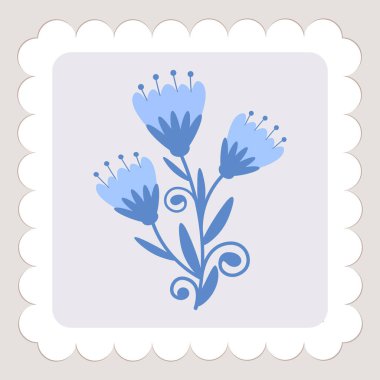 Hassas dantel çerçeveli BlueBell çiçekli vektör düz çizimi, tebrik kartları, davetiyeler, ambalaj, çıkartmalar, posta pulu, fidanlık için minimalist pastel botanik tasarımı