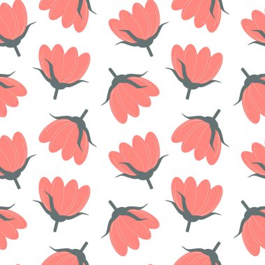 Beyaz zemin üzerinde mercan çiçekleri ve koyu gri saplı kusursuz çiçek deseni, tekstil, duvar kâğıdı, ambalaj kağıdı, klasik poster için minimalist botanik tasarımı