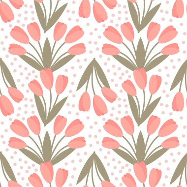 Yumuşak pastel renkte laleleri olan kusursuz çiçek deseni, minimalist İskandinav tarzı, tekstil ve ambalaj tasarımı için zarif botanik arka plan