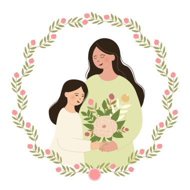Anne sevgisi, hamile anne, kız kucaklaması, anne sevgisi, aile sevgisi, sevgi ve ilgi, romantik çiçek çelengi, pembe güller, botanik çerçeve, doğum günü davetiyesi, Anneler Günü