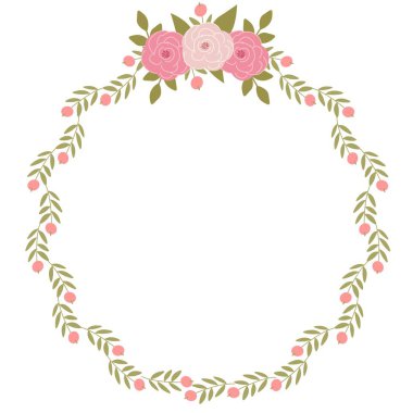 Romantik çelenk, zarif pembe güller, botanik çerçeve, pastel vintage dekorasyon, düğün davetiyesi tasarımı, kadınsı çiçek çemberi, narin el çizimi
