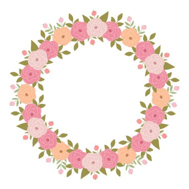 Klasik çiçek çelengi, pastel pembe güller ve yeşillik, botanik zarif çerçeve, romantik çiçekli kompozisyon, yumuşak estetik tasarım, düğün davetiyesi, tebrik kartları, davetiyeler.