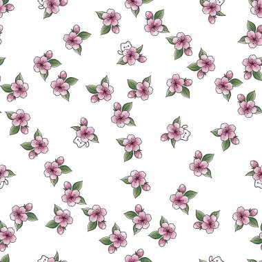 Yumuşak pembe sakura pürüzsüz desen, botanik suluboya resimleme, kartpostallar için sevimli kedi yavrusu, hatıra defteri ve bahar temalı arka plan.