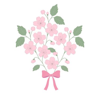 Pembe kurdeleli pastel sakura dalının vektör çizimi, kiraz çiçekleri, romantik botanik bahar çiçekleri düğün kartı, bebek kız hediyesi ya da davetiyesi.