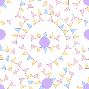 Sembolik gözleri, yumuşak pembe, sarı ve mavi bayrakları olan kusursuz geometrik arka plan. Tekstil tasarımı, ambalaj kağıdı, kırtasiye malzemesi için mükemmel.