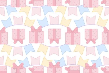 Düz stil kusursuz desen, pembe hediyeli şenlikli arka plan ve çocuk ambalajları için renkli bayraklar, parti dekorları, davetiyeler, bebek partisi, bebek için basılabilir masalar..