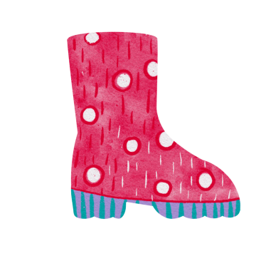 El boyası suluboya ile beyaz benekli parlak kırmızı yağmur botu. İlkbahar grafikleri, çocuk modası, parti davetiyeleri, oyuncu dekorlar, aby tasarımları için resim.