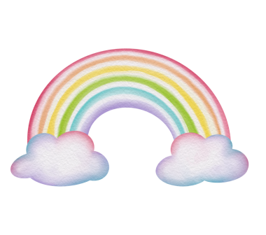 Suluboya tarzında kabarık bulutları olan el boyaması resimli gökkuşağı. Çocuk dekorasyonu, posterler, doğum günü davetiyeleri ve rüya gibi tasarımlar için mükemmel..