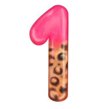 Parlak pembe ve leopar desenli bir numara, ilk doğum günleri için oyuncu tasarım, çocuk odası dekoru, parti grafikleri, tebrik kartları.
