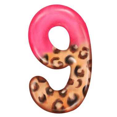 Pembe desenli ve leopar desenli dokuz numaranın suluboya çizimi. Parti dekorasyonu için tasarım, kız partisi.