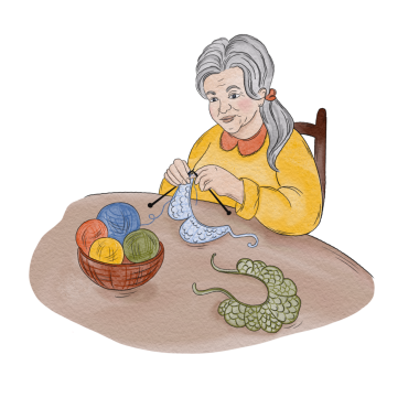 Yaşlı kadın örgü örerken suluboya çizimi. Renkli iplikler ve örgülerle evde örgü ören bir kadın..