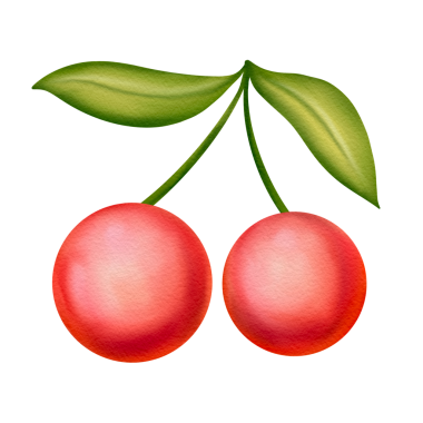 İki sulu kiraz ve yeşil yapraklı suluboya resim, el çizimi. Yaz tasarımı, etiketler, dijital çıkartmalar veya ambalajlar, parti dekorasyonu için mükemmel.