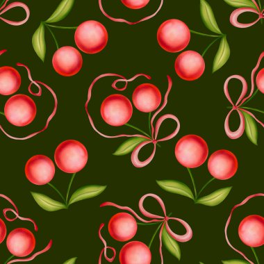 Kirazlı kusursuz desen ve yeşil arka planda fiyonk. Tatlı suluboya yüzey tasarımı, hediye paketi için pembe kurdeleyle bağlanmış kirazlar, yaz tasarımları, aksesuarlar, kumaş, tebrik kartı.