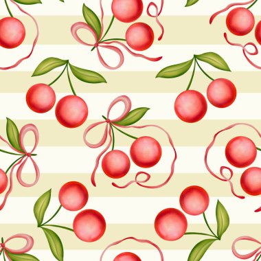 Pembe ve beyaz yatay çizgilerle bağlanmış kusursuz kiraz deseni. Tekstil ve ambalaj için tatlı suluboya kirazlar, posterler, baskılar, tebrik kartları, çocuk odası.