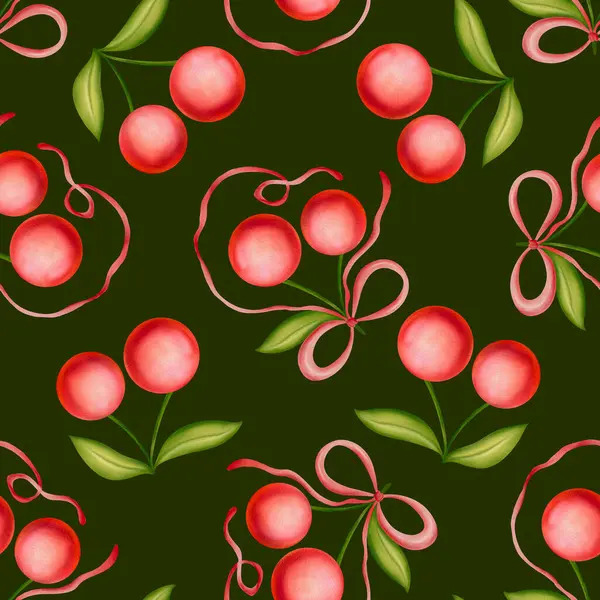 Kirazlı kusursuz desen ve yeşil arka planda fiyonk. Tatlı suluboya yüzey tasarımı, hediye paketi için pembe kurdeleyle bağlanmış kirazlar, yaz tasarımları, aksesuarlar, kumaş, tebrik kartı.