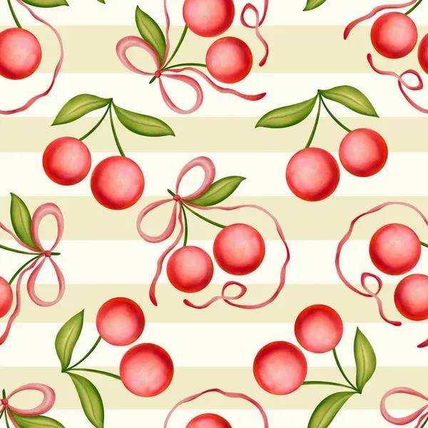 Pembe ve beyaz yatay çizgilerle bağlanmış kusursuz kiraz deseni. Tekstil ve ambalaj için tatlı suluboya kirazlar, posterler, baskılar, tebrik kartları, çocuk odası.