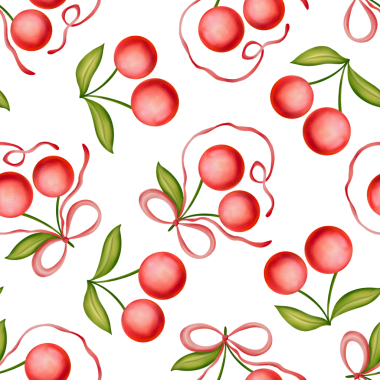 Beyaz arka planda fiyonklu kirazların kusursuz suluboya deseni. Yeşil saplı taze kiraz ve yaprakların taze yüzey tasarımı ambalaj için, yaz koleksiyonları, baskılar, posterler.