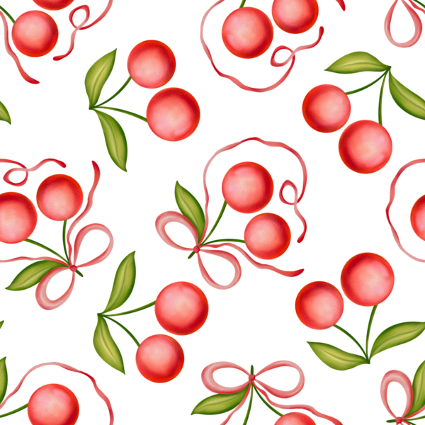 Beyaz arka planda fiyonklu kirazların kusursuz suluboya deseni. Yeşil saplı taze kiraz ve yaprakların taze yüzey tasarımı ambalaj için, yaz koleksiyonları, baskılar, posterler.