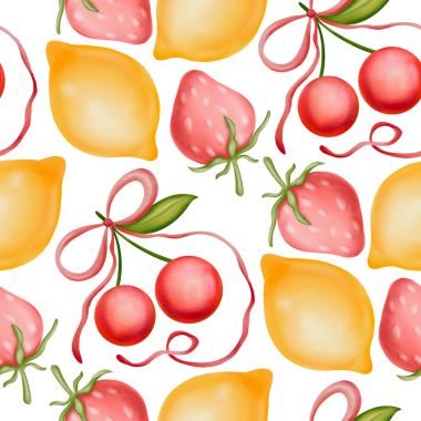 Kiraz, limon, çilek ve meyve karışımıyla kusursuz desen. Kirazlar, limonlar, mutfak gereçleri için çilekler, ambalajlar, çocuk ürünleri, düğün tebrikleri