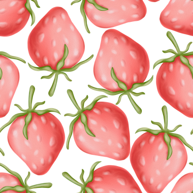 Beyaz arka planda dikişsiz suluboya deseni. Kız aksesuarları, mutfak tekstili, baskılar, düğün için olgun pembe çileklerin hassas yüzey tasarımı.