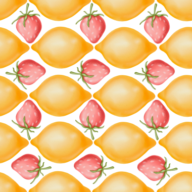 Beyaz arka planda limon ve çilek yüzeyi tasarımı. Sulu sarı limonlar ve tatlı pembe çilekler, yaz kumaşı, ambalaj, baskılar, posterler, kartlar için taze, güleryüzsüz desen