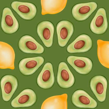 Yeşil arka planda avokado ve limonlu kusursuz radyal desen. Paketleme, kumaş, davetiye, kart, ekolojik ve organik tarzda posterler için el yapımı avokado yarımları ve sarı limonlar..