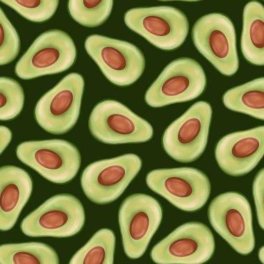 Yeşil arka planda avokadoları olan kusursuz bir desen. Tekstil tasarımı için avokado yarımlarının suluboya yüzey tasarımı, sağlıklı gıda markaları veya eko ambalajlama.