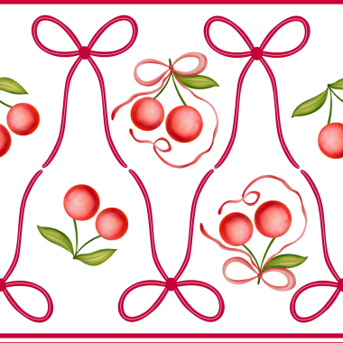 Beyaz arka planda kırmızı kirazlı ve kurdeleli kusursuz suluboya deseni. Çocuklar için kiraz ve kurdele fiyonklu yüzey tasarımı, ambalaj, kumaş, yaz partisi veya paket kağıdı.
