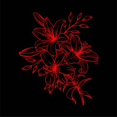 Dekoratif, siyah arkaplanda el çizimi kırmızı çiçek, vektör