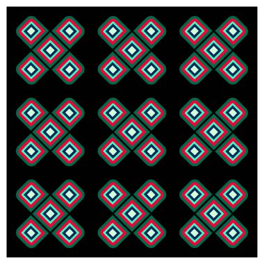 Siyah üzerine tekrarlanan kırmızı, mavi ve cyan elmas şekilli siyah baskı deseni, geometrik deseni tekrarla.